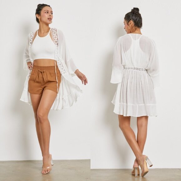 Love Tree Lace Trim Kimono In White - Picture 1 of 6